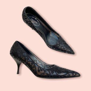Prada Black Leather Embroidered Heel Pointed Toe Stiletto Mid Heel Pumps